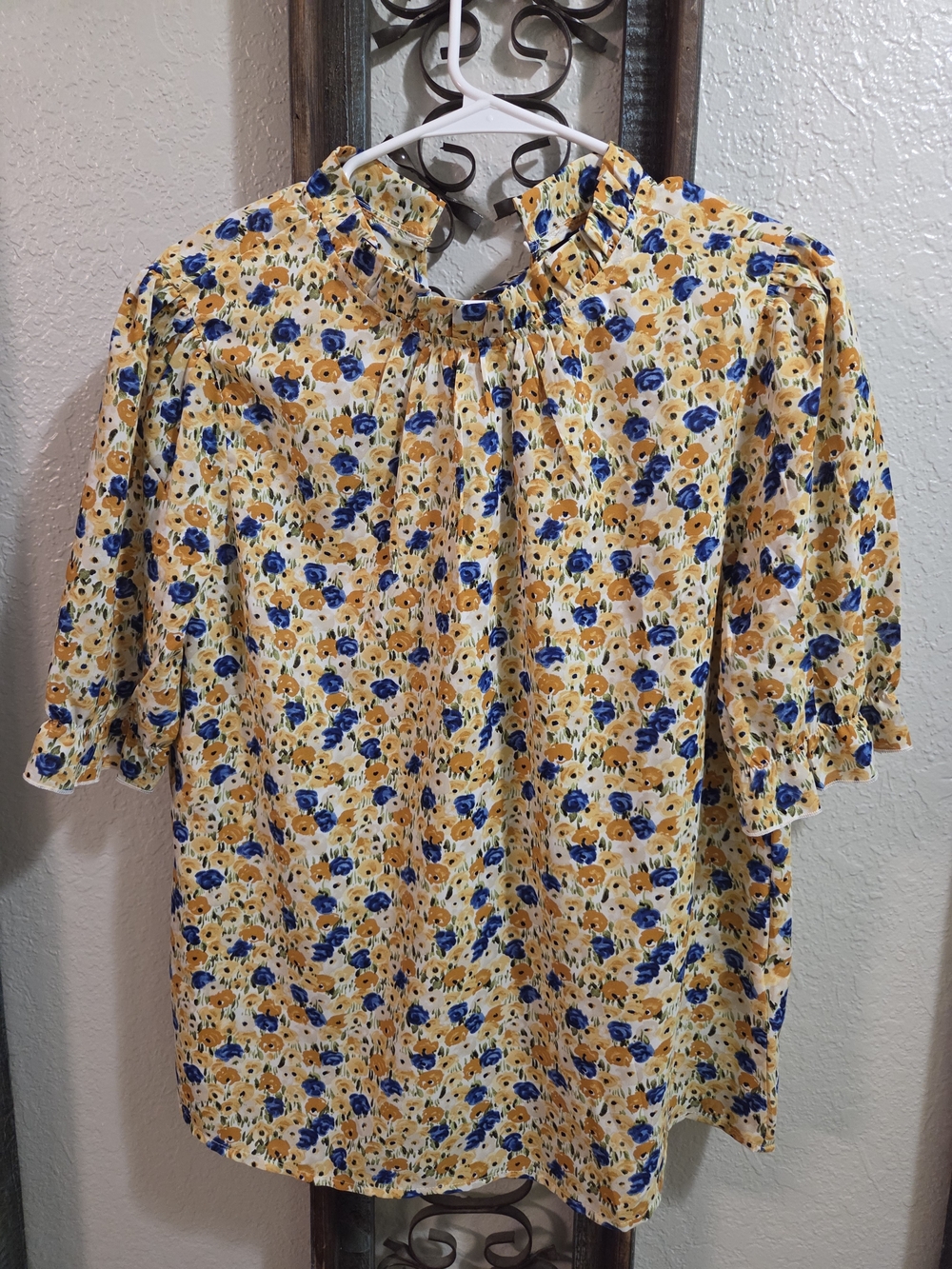 NWOT- Women's Yellow Floral Ruffle-Neck Blouse